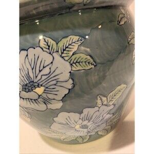 Vintage Jardiniere Porcelain Planter Blue Green Poppy Floral Pot Large 12X9.5